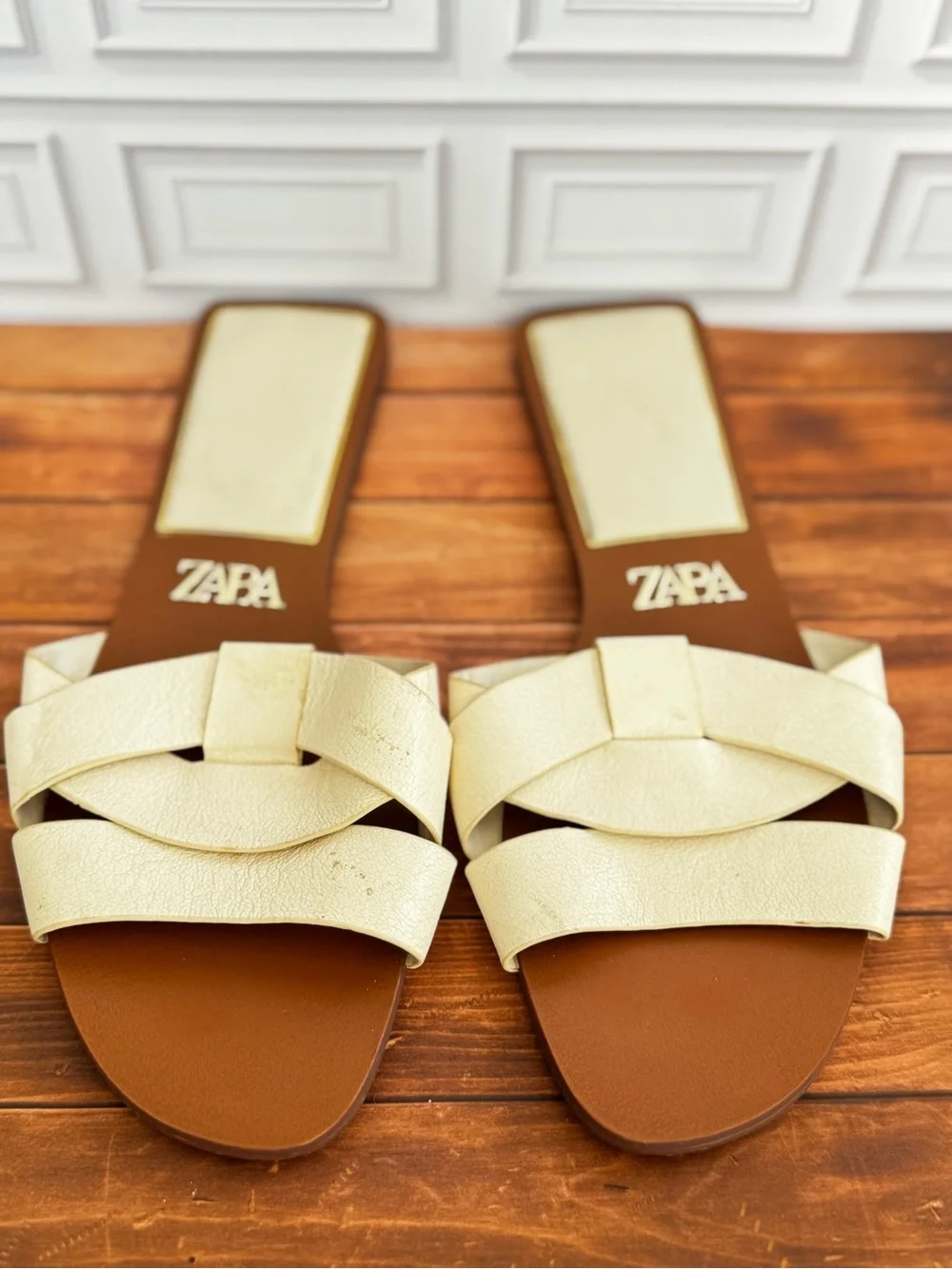 Zara leather Cream Braided Flat Slide Sandals - Picture 2 of 8